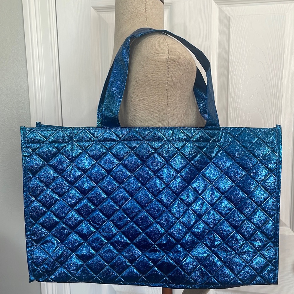 Vintage tote bag blue sparkly quilted shopping tote beach book travel sh…